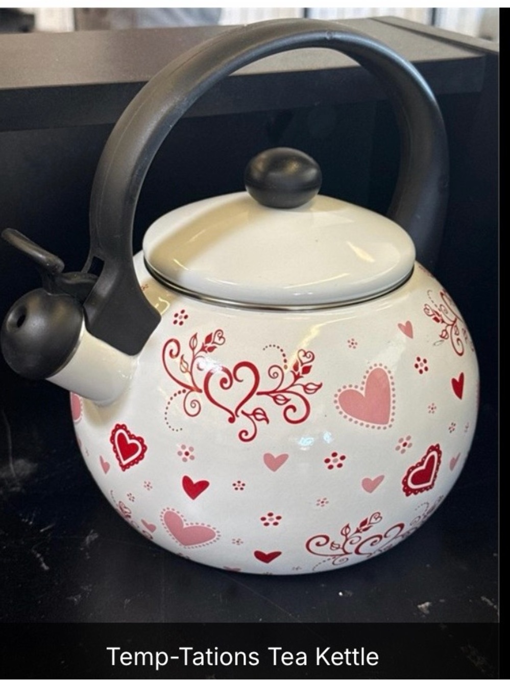 Temp-Tations White Tea Kettle with Pink and Red Heart Design and Black Handle